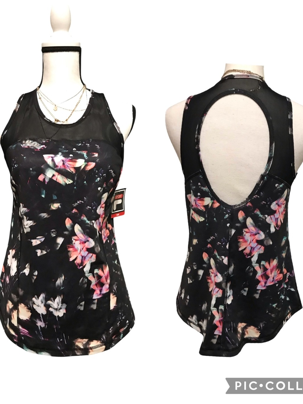 Fila Sports black floral tank top with oval cutout in the back.
